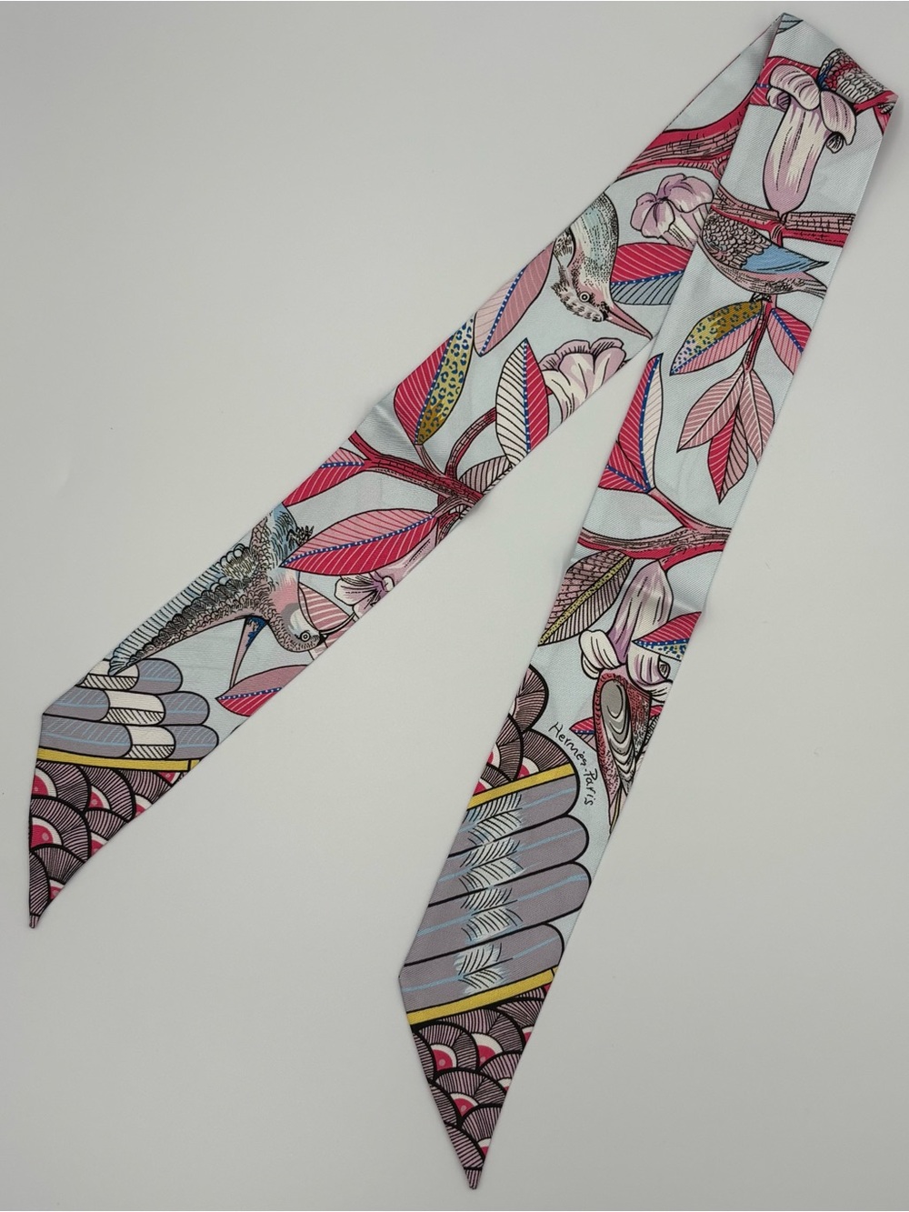 Hermes Twilly Scarf Light Blue Pink Floral Bird Print Bag Handle Wrap Accessory